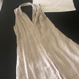 Lush linen dress. Tan pinstripes.